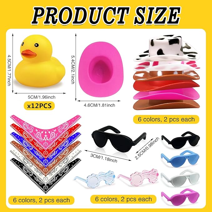 12 Sets Cowboy Ducks with Mini Hat Scarf and Sunglasses Mini Bath Duck Toys for Birthday Swimming Party Gift Favor Decorations