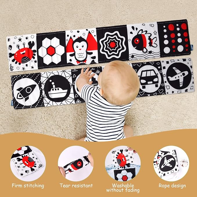 Vicloon Black and White Baby Toys, High Contrast Baby Book for Newborn 0-3 3-6 Months, Infant Tummy Time Toys, Early Education Sensory Toys, Visual Stimulation Folding Cloth Book for Boys Girls
