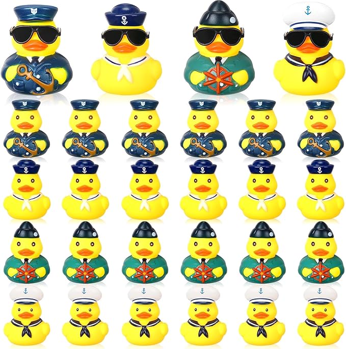 36 Pcs Cruise Sailor Rubber Ducks with Sunglasses 2.4 Inch mini Cruise Ship Nautical Ducks for Hiding Military Uniform Armed Forces Squeaky Bath Toy for Summer Birthday Baby Shower Party