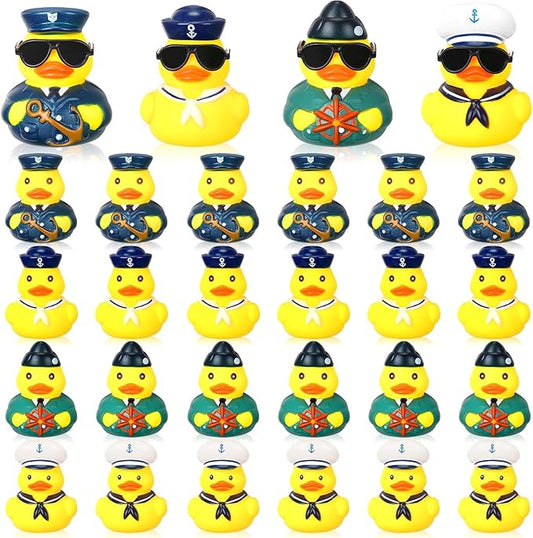 24 Pcs Cruise Sailor Rubber Ducks with Sunglasses 2.4 Inch mini Cruise Ship Nautical Ducks for Hiding Military Uniform Armed Forces Squeaky Bath Toy for Summer Birthday Baby Shower Party