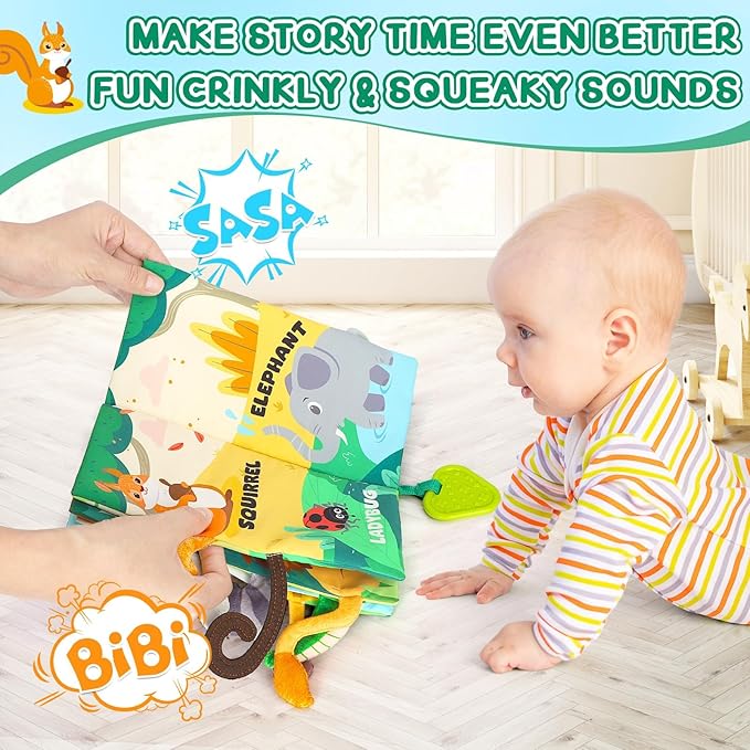 BBWOO Soft Baby Book Toy - Newborn Boy Girl Shower Gift - Tummy Time Toy for Infant 0-6 6-12 Months - Touch and Feel Sensory Crinkle Book with Teether - Baby Boy Girl Gift - Easter Basket Stuffers