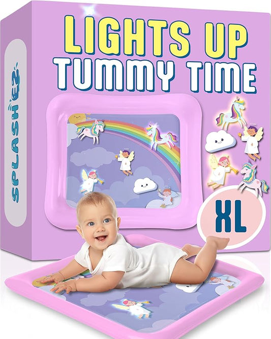 SplashEZ Lights Up Tummy Time Water Mat for Babies, Large Baby Water Mat Tummy Time for Sensory Play with LED Glowing Fishes, Inflatable Fun Play Pad for Infants & Toddlers 3 to 36 mo