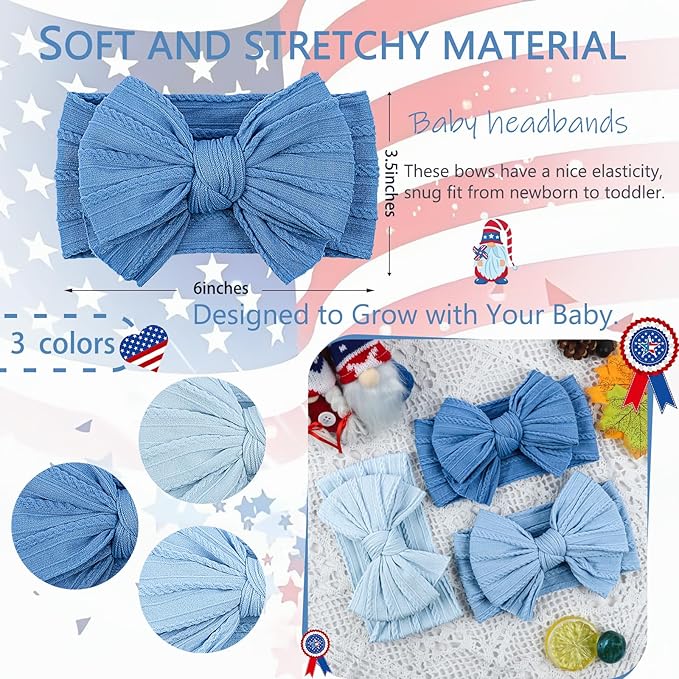 LemonSpace Handmade Baby Girls Headbands Soft Stretchy Nylon Hair Bands Hair Accessories with Bows for Newborn Baby Girls Infant Toddlers Kids(Blue color mix)