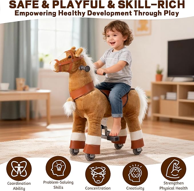 Ride on Horse Toys, Kids Riding Horse Toys Ride on Toys for 3-5 Years Old, Premium Plush Animals Toys Walking Horse with Wheels (Brown, 29.92" L x 9.84" W x 31.12" H)