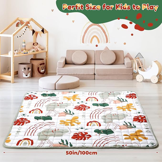 Percozzi Boho Baby Play Mat, ABC Alphabet, Words and Shapes Educational Learning & Fun, Boho Rainbow Baby Playpen Mat, 50" X 50" Toddler Play Mat, Crawling Mat for Babies, Foldable Baby Play Gym Mat