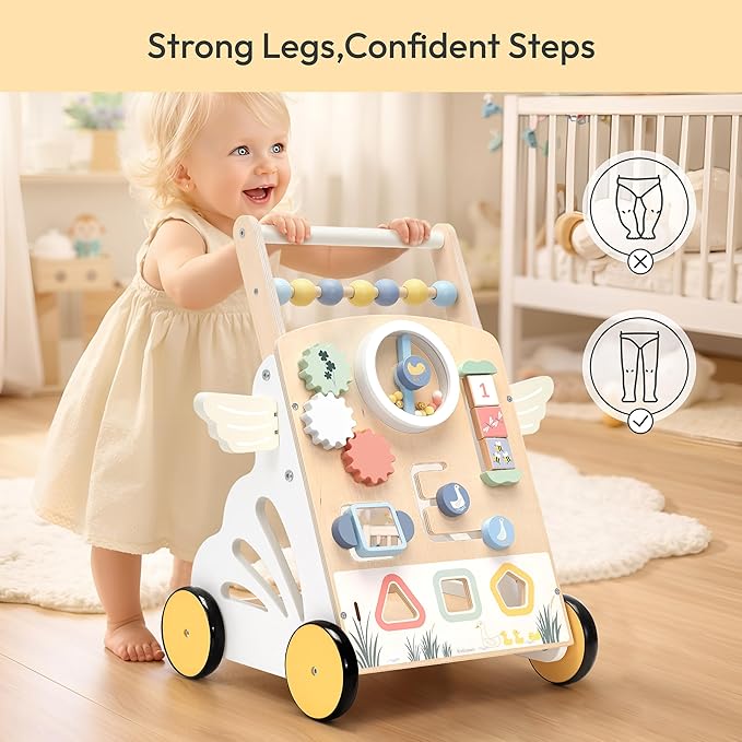 Wooden Baby Walker，Baby Push Walker, Montessori Walker for Babies 12 Months， Baby Sit-to-Stand Learning Walker Toys Gift for Boys and Girls