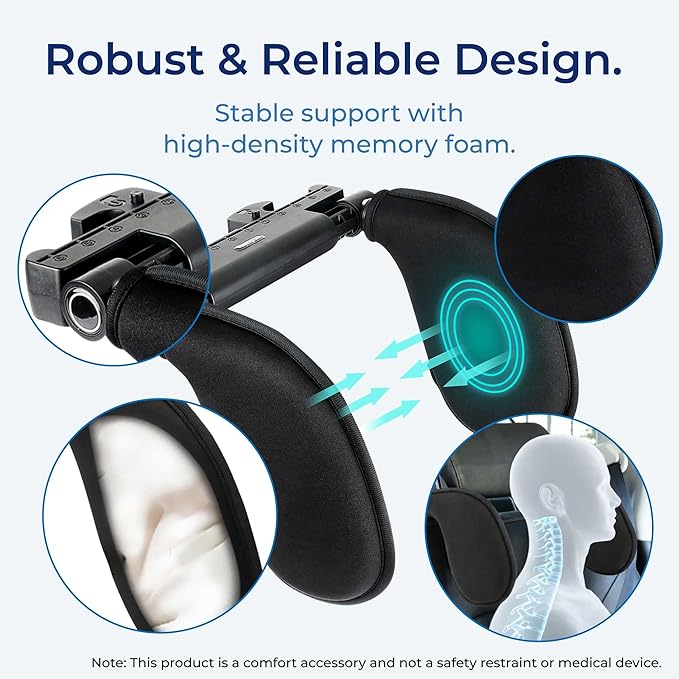Adjustable Car Headrest Pillow, Road Pal Neck Support, Memory Foam U-Shaped Travel Sleeping Pillow for Kids & Adults, Head Neck Support for Car Seat Head Rest with Poles, Black