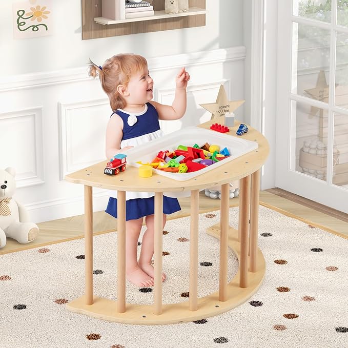 Costzon Wooden Arch Sensory Table for Kids, 6-in-1 Toddler Indoor Montessori Climbing Toys with Cushion, Foldable Storage Bin, Arch Climber Ladder Learning Playset for Kids Gift Presents