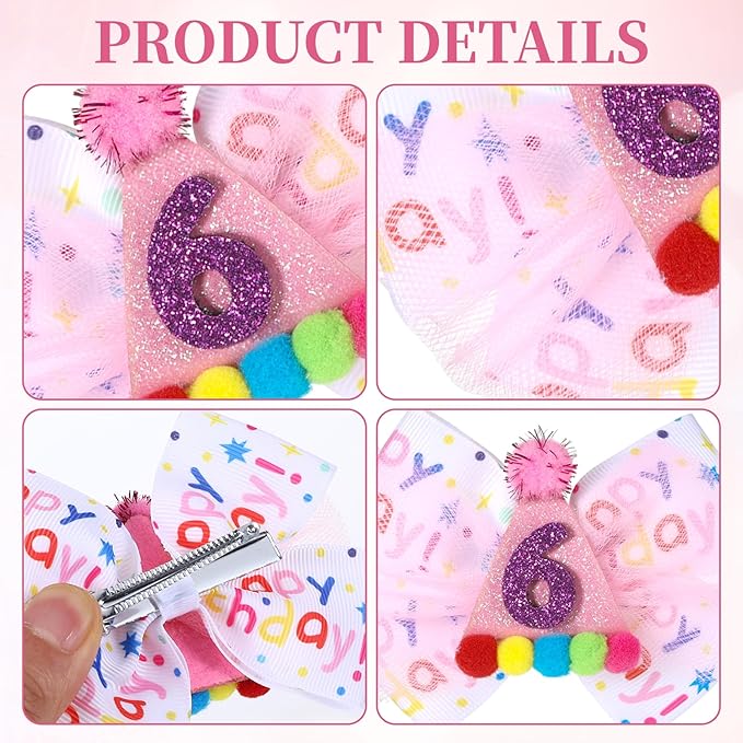 2Pcs Birthday Hair Bow for Baby Girls 1 2 3 4 5 6 Years, Pink Confetti Ice Cream Party Decorations, Sparkling Bows Hair Accessories for 6th Birthday