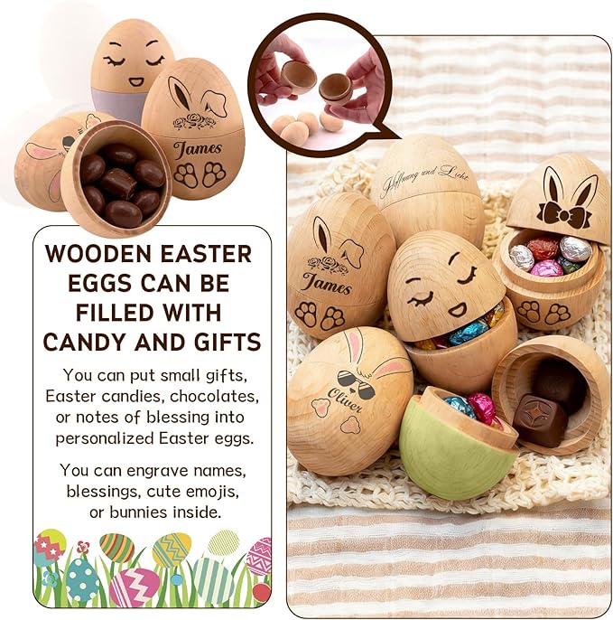 Personalized Musical Easter Egg Shaker 2026, Custom Engraved Wooden Easter Eggs Gifts for Kids Baby (Hollow Customizable Wooden Eggs)