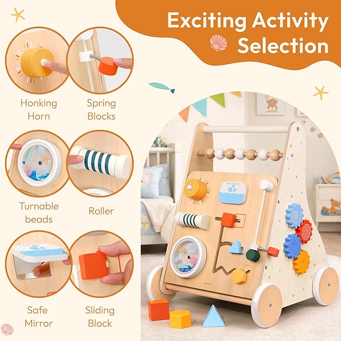 Wooden Baby Walker with Wheels Montessori Activity Push Walker for Todlers Baby Gift for 1 Year Old Girl & with Baby Activity Center