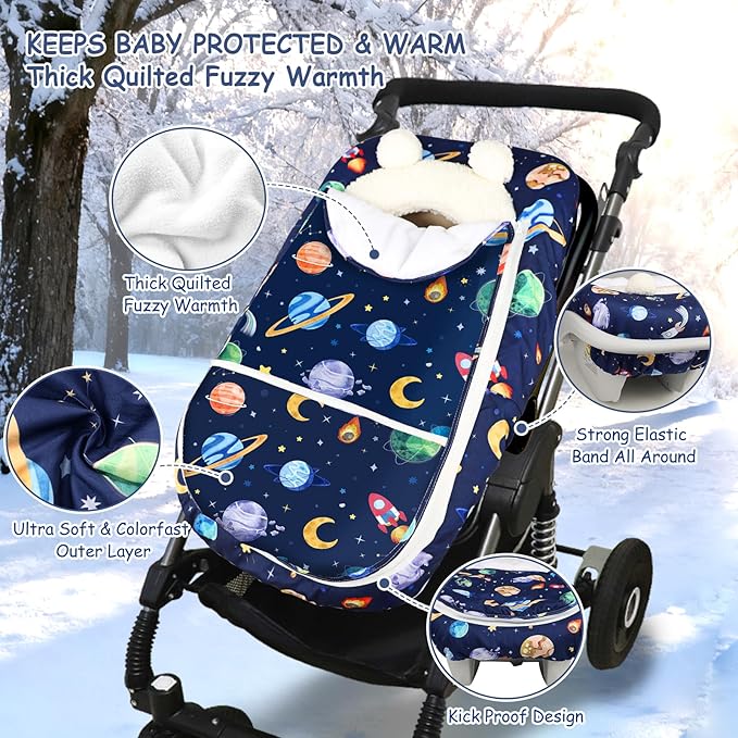 Pea Pod Winter Car Seat Cover for Baby, Infant Car Seat Canopies Cover for Newborn, Warm Plush Fleece Inner Protect Baby from Cold Wind, Space Pattern