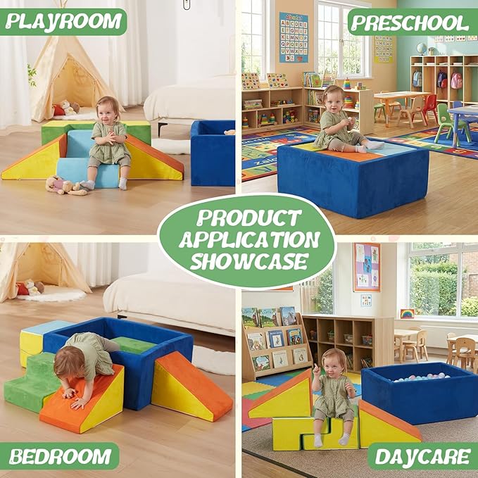 Foam Climbing Blocks for Toddlers, 6-Piece Soft Play Set with Ball Pit, Modular Baby Climbing Toys Indoor, Washable & Foam Playset for Crawling, Sliding & Balance (Balls Not Included)
