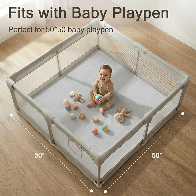50" ×50" Padded Baby Play Mat for Floor, 1.2" Thick Machine Washable Foam Playmat, Soft Tummy Time Crawling Playpen Mat with Non-Slip Bottom, Fits 50" x50" Playpens