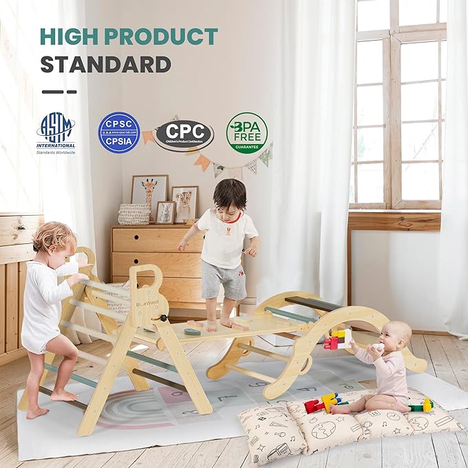 BlueWood Pikler Triangle Set with Cushion, 8-in-1 Climbing Toys for Toddlers, Montessori Philosophy Play Jungle Gym with Arch, Ramp, Ladder(Mauve Pink)