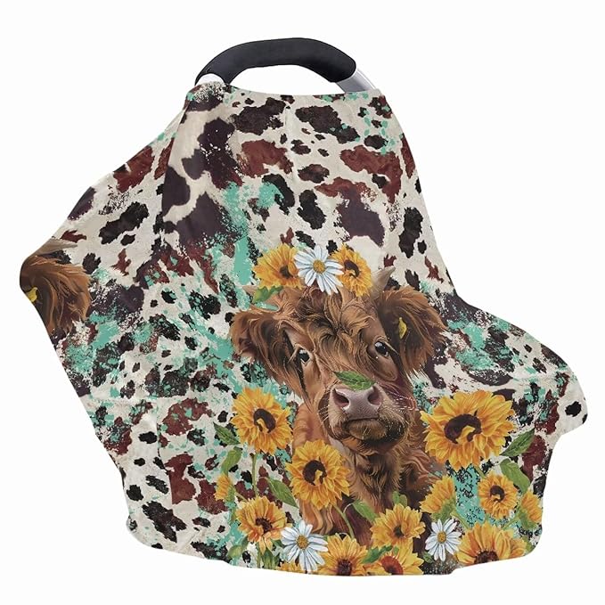 Wanyint Highland Cow Sunflower Baby Car Seat Covers Nursing Scarf Car Seat Canopy Shopping Cart Cover and High Chair Cover Protect Babies and Breastfeeding Mothers