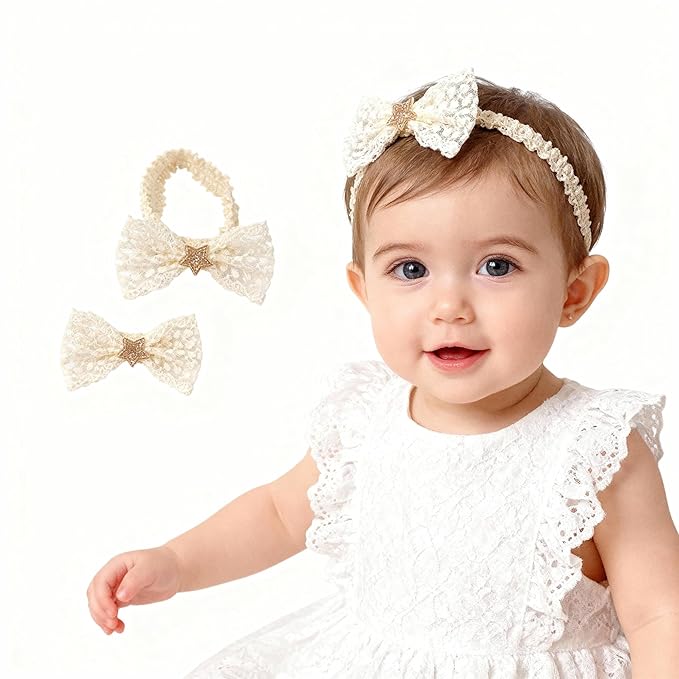 Handmade Baby Girl Headbands in Beige Baby Bows and Floral Lace Headband Bows for Newborns and Toddlers Cute Baby Girl Bows and Newborn Headband Bows
