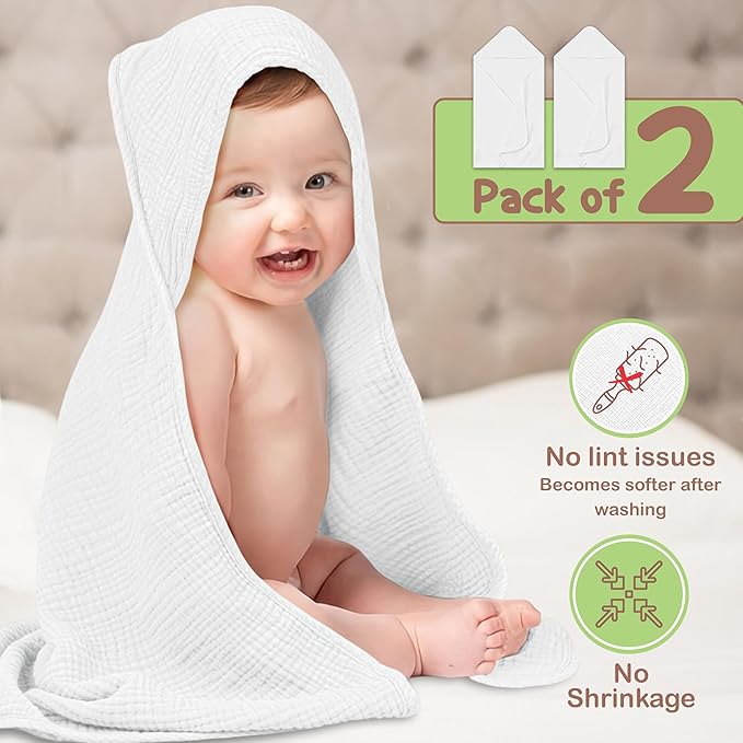 100% Organic Cotton Muslin Baby Hooded Towels - 32x32 Inch, 2 Pack Newborn Bath Towels for Boys & Girls, Soft & Absorbent Bath Set (White)