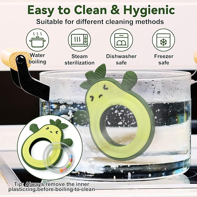 Baby Rattles Teething Toy for Babies 0-6 Months, Avocado Design BPA Free, Teething Relief for Infant 3-24 Months, Silicone Teethers Boys and Girls Sensory Toy