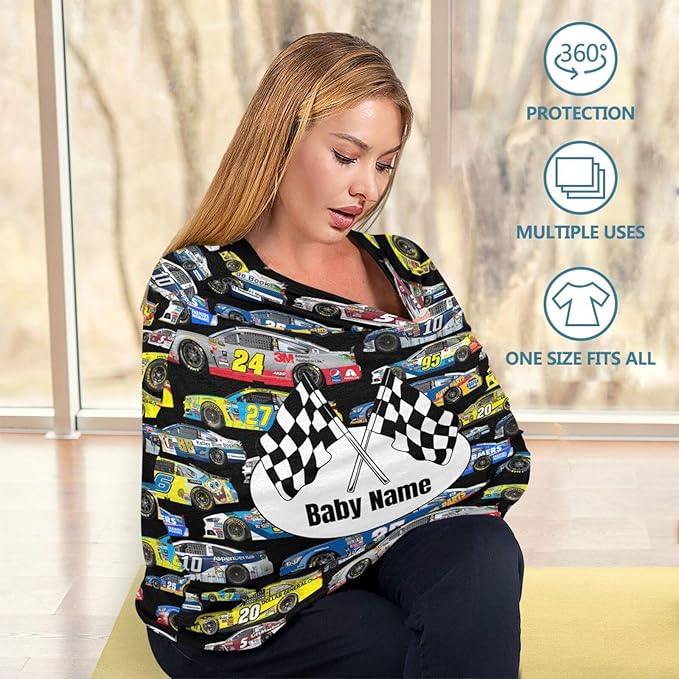 Personalized Baby Car Seat Cover for Babies, Custom Name Baby Car Seats Canopy for Boys Girls, Nursing Breastfeeding Stroller Covers for Infant Newborn, Shower Gift for Baby (Car Racing)