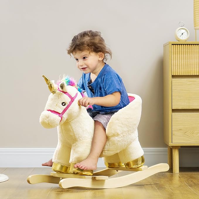 Qaba Kids Rocking Horse, Ride on Unicorn with Realistic Sounds, Safety Belt & Wooden Base, Plush Animal Rocker for Toddlers 18-36 Months, Cream White