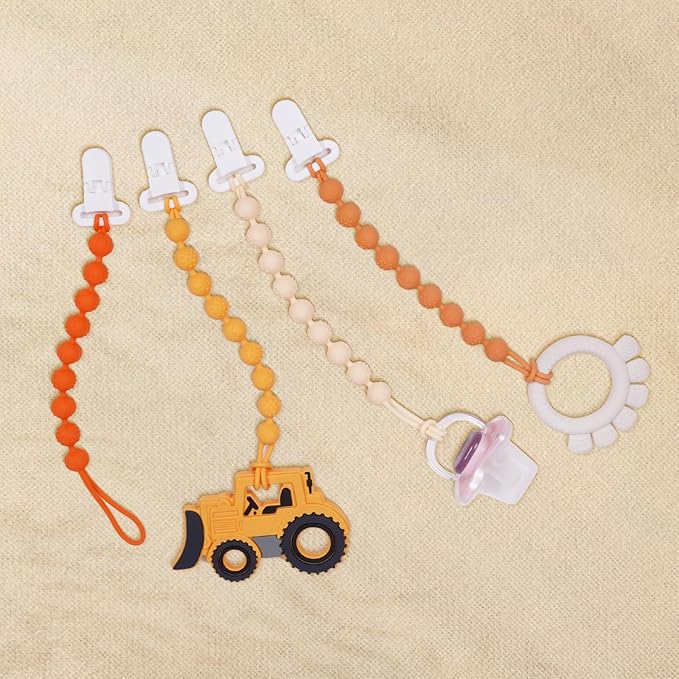 4 Pcs Brown Baby Silicone Teething Pacifier Clip,One-piece Design,Round Shape,Textured Surface,BPA Free.