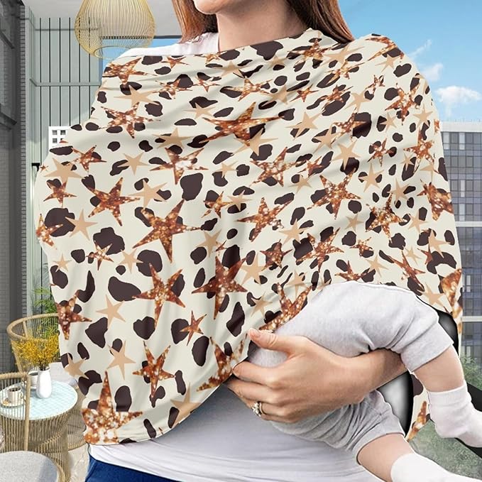 Binienty Cow Print Nursing Cover Breastfeeding Scarf, Star Pattern Baby Car Seat Covers Multi-use Carseat Canopy for Girls Boys