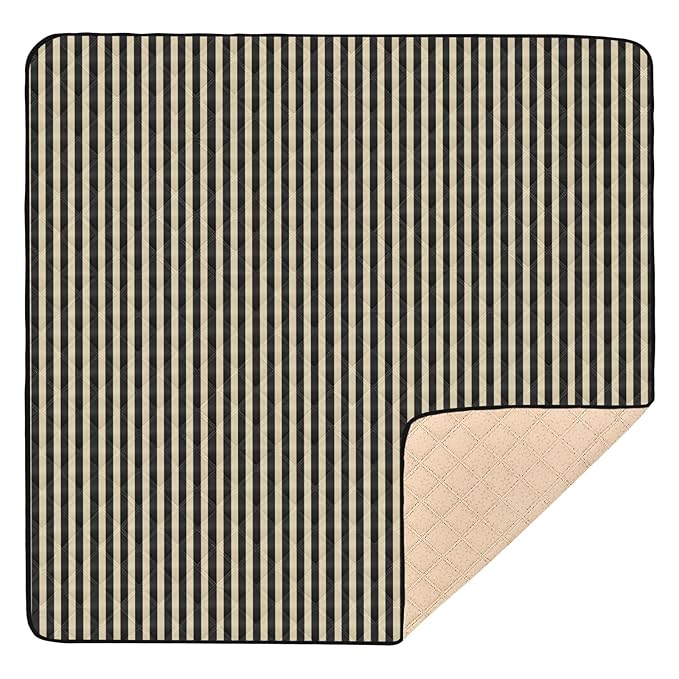 Stripes Khaki Black Baby Play Mat for Floor 50" X 50" Foldable Waterproof Non-Slip Playmat for Baby Playpen Quilted Crawling Mats Game Rug