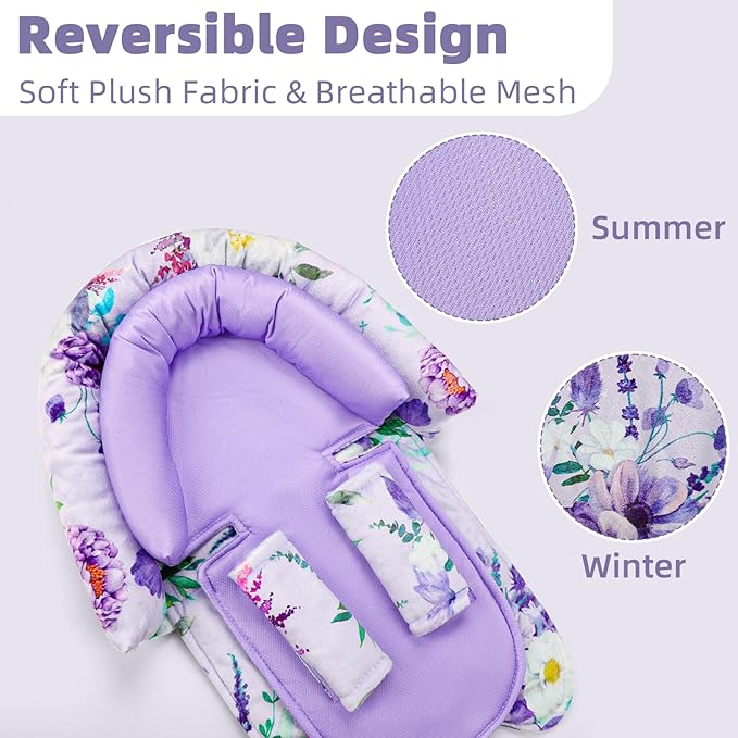 Baby Car Seat Head Support & Strap Covers, Upgraded 2-in-1 Infant Car Seat Insert Cushion for Newborn Girls, Mesh & Minky Fabric, Perfect for Carseat, Stroller, Swing, Extra Soft, Purple