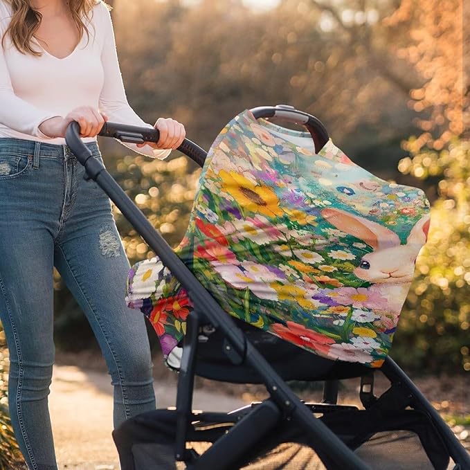 Wanyint Easter Rabbit Flower Colorful Stretchy Baby Car Seat Cover for Baby, Nursing Breastfeeding Covers, Shopping Cart High Chair Stroller Covers Infinity Scarf Car Seat Canopies