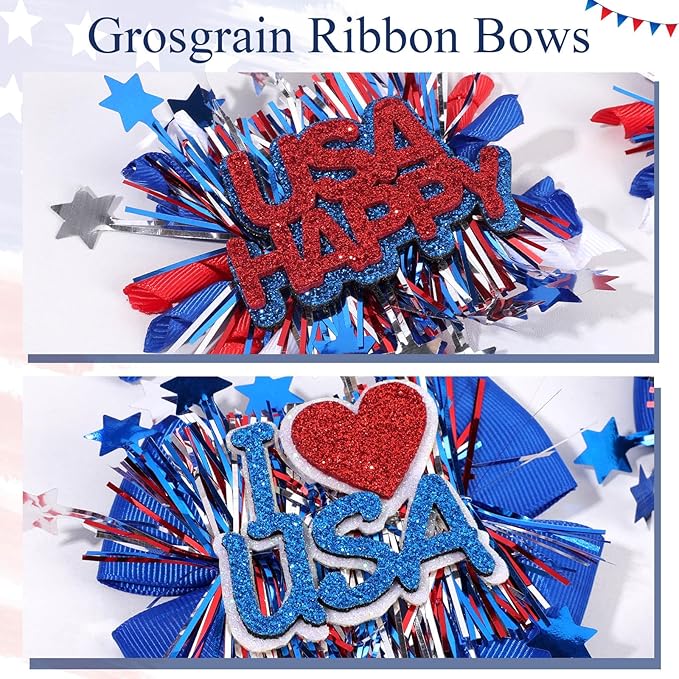 CN 4PCS 4th of July Hair Bows for Girls, Red White Blue USA Patriotic Hair Accessories, Amercian Flag Star Bows Clips for Girls Toddlers Teens for Independence Memorial Day Party Dress(Type A)