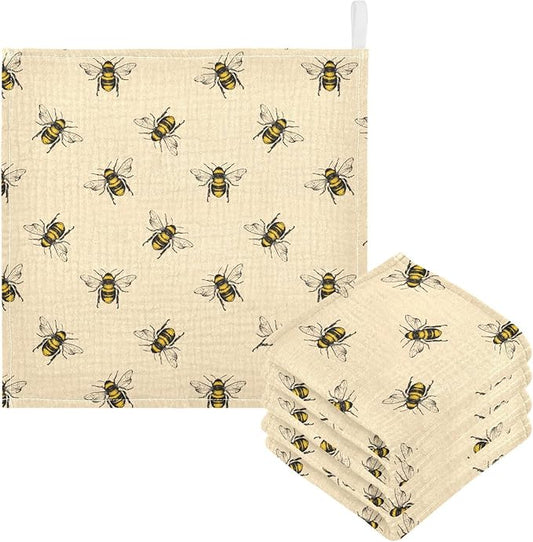Bee Baby Washcloths Newborn Muslin Burp Cloths 3 Pack Soft Cotton Baby Face Bath Towel Drool Bibs for Infants, Girls and Boys 11.8 x 11.8 Inch