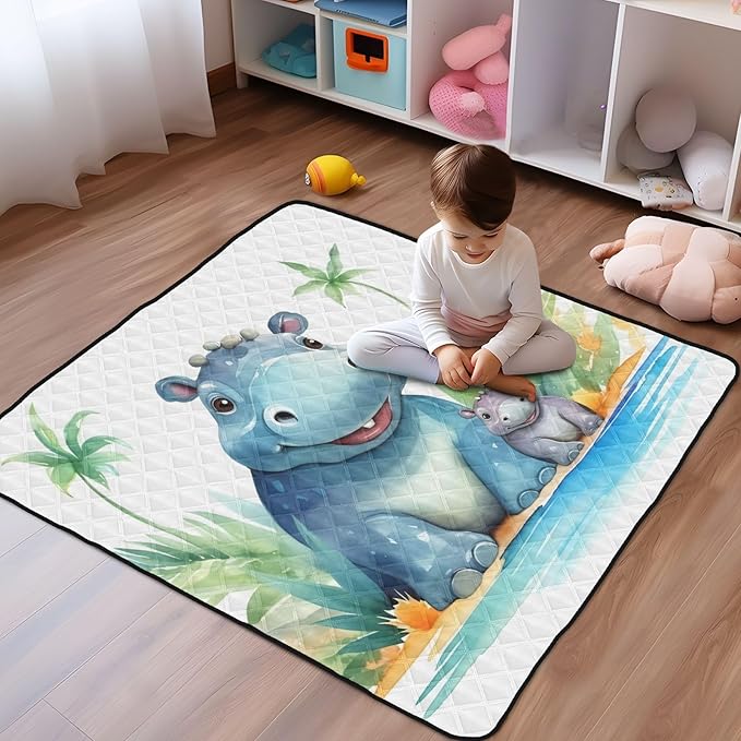 Hippo Family Baby Play Mat 50" x 50", Playmat for Playpen, Thicken Soft Padding Foam Crawling Mat for Babies Toddlers Infants