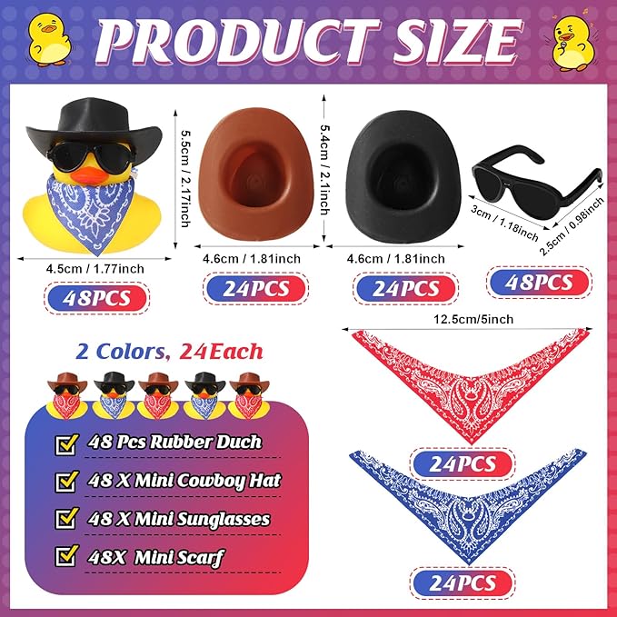 Sosation 36 Set Cowboy Rubber Duck Mini Yellow Duckies Bath Toy Tiny Ducks Bathtub Toy with Cowboy Hat Paisley Bandanas Sunglasses Dashboard Decor for Summer Baby Shower Birthday Party(Vintage Style)
