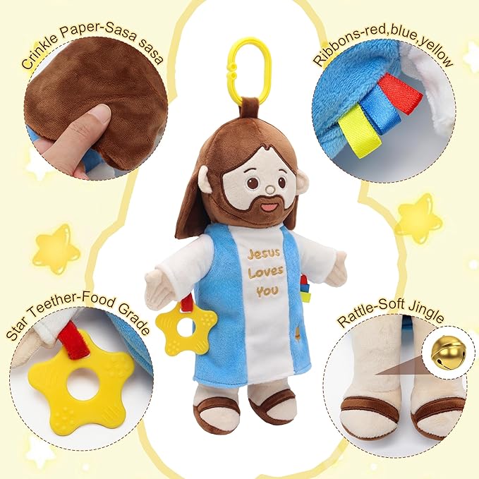 Yelakey 11.8" Baby Jesus Plush Toy with Multi-Sensory Accessories Jesus Plushie Religious Baptism Gift for Baby Shower Easter Decoration