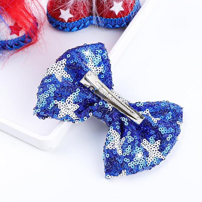 4th of July Hair Bows Clips Blue Glitter Girls Hair Accessories Little Baby Alligator Clips Hair Barrettes for Kids Sparkly Cheer Hair Ribbon Teens Gift Bling USA Flag Hairpin