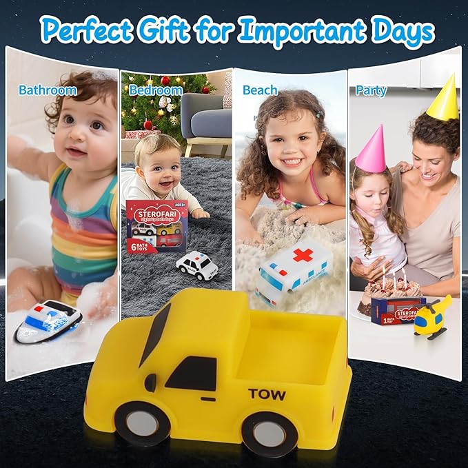 Light Up Bath Toy -Tow Truck, 100% Food Grade Silicone Bathtub Toys, Shake-Activated Light Up Airplane Toy Flash & Lights Color Change, Soft & Squeezable for Baby&Toddler (1 Pack)