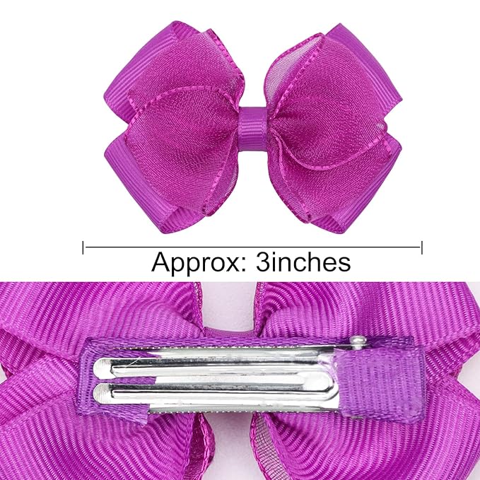 Tiny 3 Inch Organza Double Hair Bow Clips - Lined Boutique Alligator Hairpin for Baby Girls, Toddlers, and Little Teens - Kids Barrettes Set of 2 Small Stylish (Deep Purple)