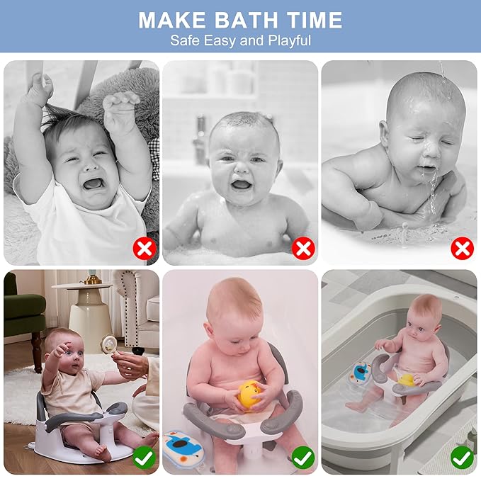 Baby Bath seat for Babies 6 Months & up, 360° Stable Toddler Bath Chair with one-Touch Button, Back Hollow Design, Water Temperature Card & 4 Suction Cups for Safety (Gray)