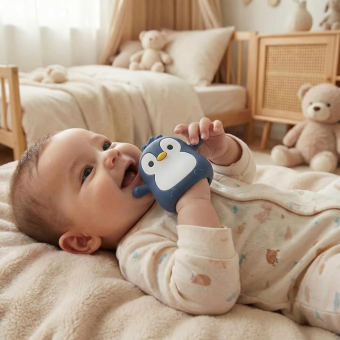 Baby Teething Toys for 3-6 Months Silicone Teething Mittens for Babies Food Grade Silicone Teether (Penguin Black wthite)