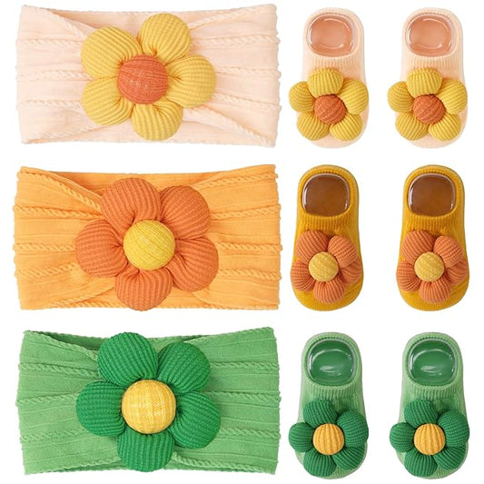 CÉLLOT Baby Girl Headband and Socks, Non-Slip Floral Socks and Soft Floral Nylon Hairbands for Babies Infants and Toddlers (Salmon+Yellow+Green)