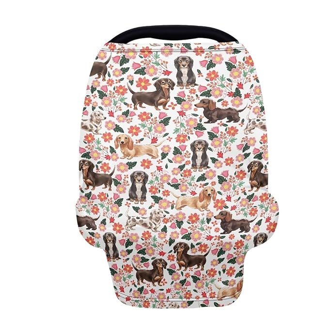 AFPANQZ Nursing Covers for Newborns Baby Dachshund with Floral Car Seat Covers for Baby Girls, All Season Baby Carseat Canopy Cover Ups Breastfeeding Scarves Breathable