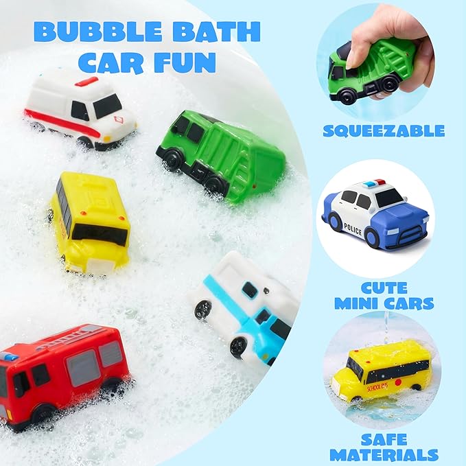 JOYIN 6 Pcs Car Bath Toys, No-Hole Sealed Bathtub Toys for Kids, Soft & Non-Toxic Water Vehicles, Squeezable & Floating Bath Toys for Boys and Girls, Bath & Pool Play