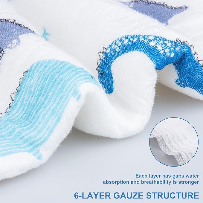 Muslin Hooded Towel Made from Organic Cotton 6-Layer Cotton Bath Towel, Soft Bath Towels 25x51inches for Toddler Baby and 0-4 Years Old Kids Dinosaur