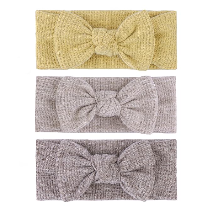 Handmade Hairbands with Bows, 4'' Baby Girls Headbands, Soft Hair Accessories for Infant Toddler, 3Pcs Dark Coffee Light Coffee Yellow