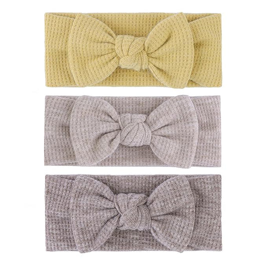 Handmade Hairbands with Bows, 4'' Baby Girls Headbands, Soft Hair Accessories for Infant Toddler, 3Pcs Dark Coffee Light Coffee Yellow