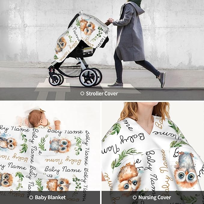 Winter Carseat Cover for Baby Personalized Owl Baby Car Seat Cover with Name Custom Minky Car Seat Canopy Boys Girls Infant Carrier Covers Nursing Cover Toddler Blanket