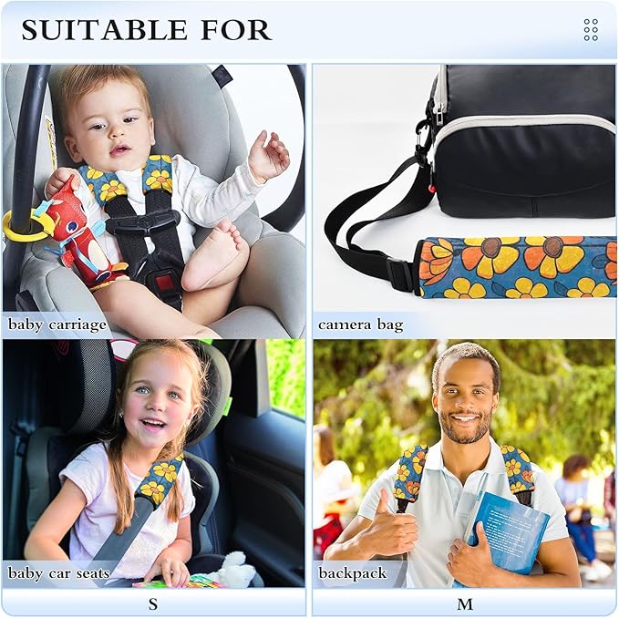 CHIFIGNO Blue and Yellow Hipper Flowers Car Seat Belt Covers Pack of 2 Soft Seat Belt Cushion Cover Shoulder Pad Auto Interior Accessories for Car Bag