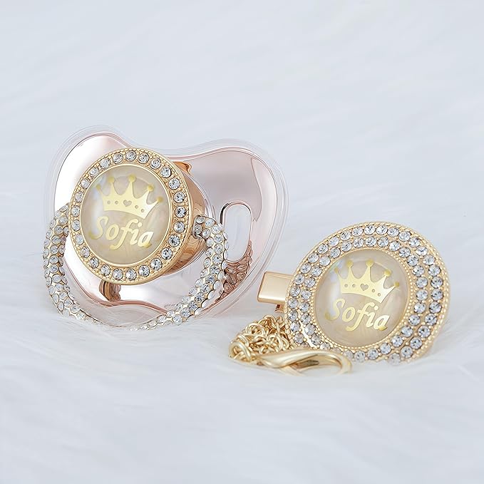 Personalized Name Anniversary All Bling Pacifier and Clip Set Gold Plated New Born Gift Photography No for Daily Use (Rose Gold)