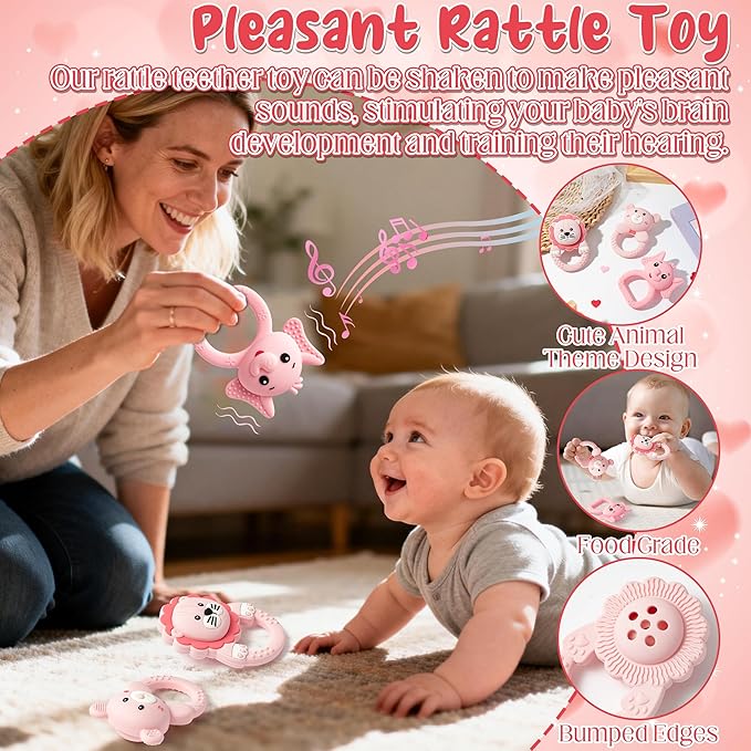 Silicone Teething Toy for Babies - 2ooya 3Pcs Pink Bear Lion Elephant Food Grade Rattle Teether Infant BPA Free Sore Gums Pain Teething Relief Chew Sensory Toy for Newborn Girl Baby Shower Birthday
